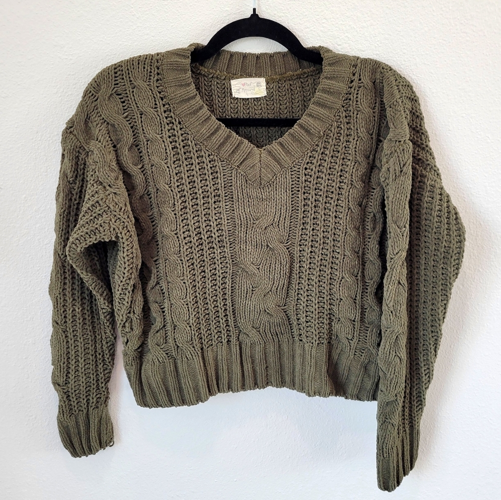 Poof‎ Apparel Dark Olive Chenille Cropped Sweater Chunky Knit Women’s L